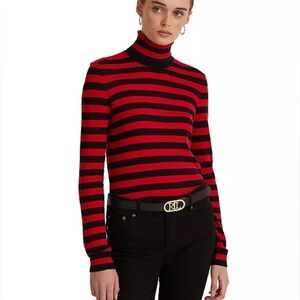 Lauren Ralph Lauren Red & Black Striped Silk Blend Ribbed Turtleneck Size M
